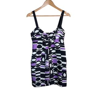 Milly Geometric Mod Silk Mini Dress Womens 4 Purple Black White Sleeveless Retro
